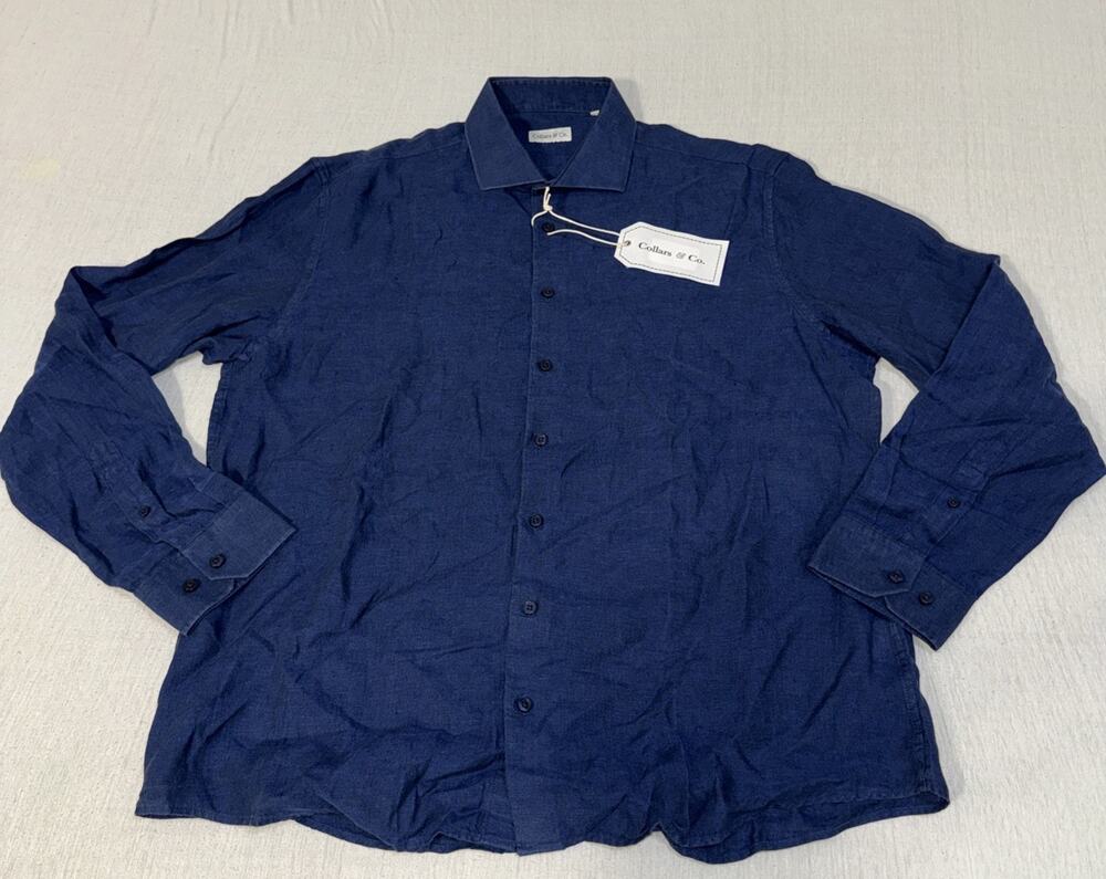 Collars & Co Men XL Blue 100% Linen Long Sleeve Button Up Dress Shirt NWT